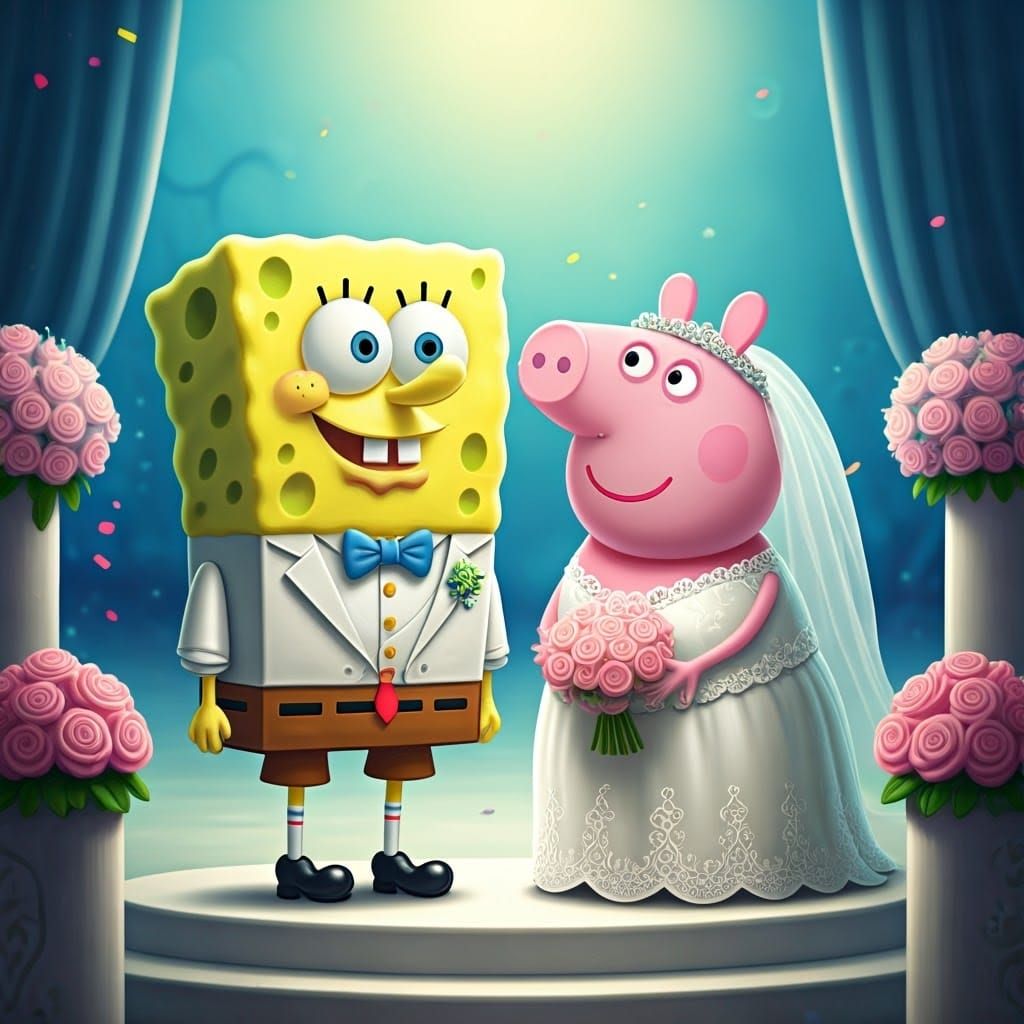 Surreal Cartoon Wedding Scene in Whimsical Fantasy Style