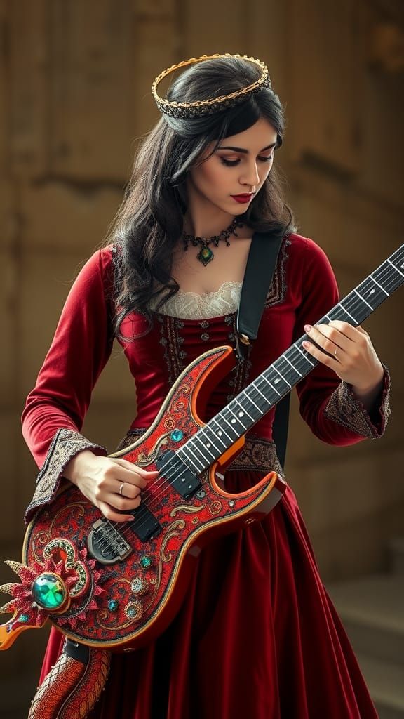 Lady Musician Plays Crimson Dragon Guitar, Art Nouveau Style