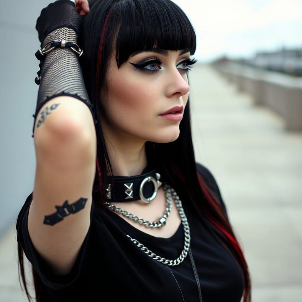 Goth Woman Portrait with Red Hair Streaks