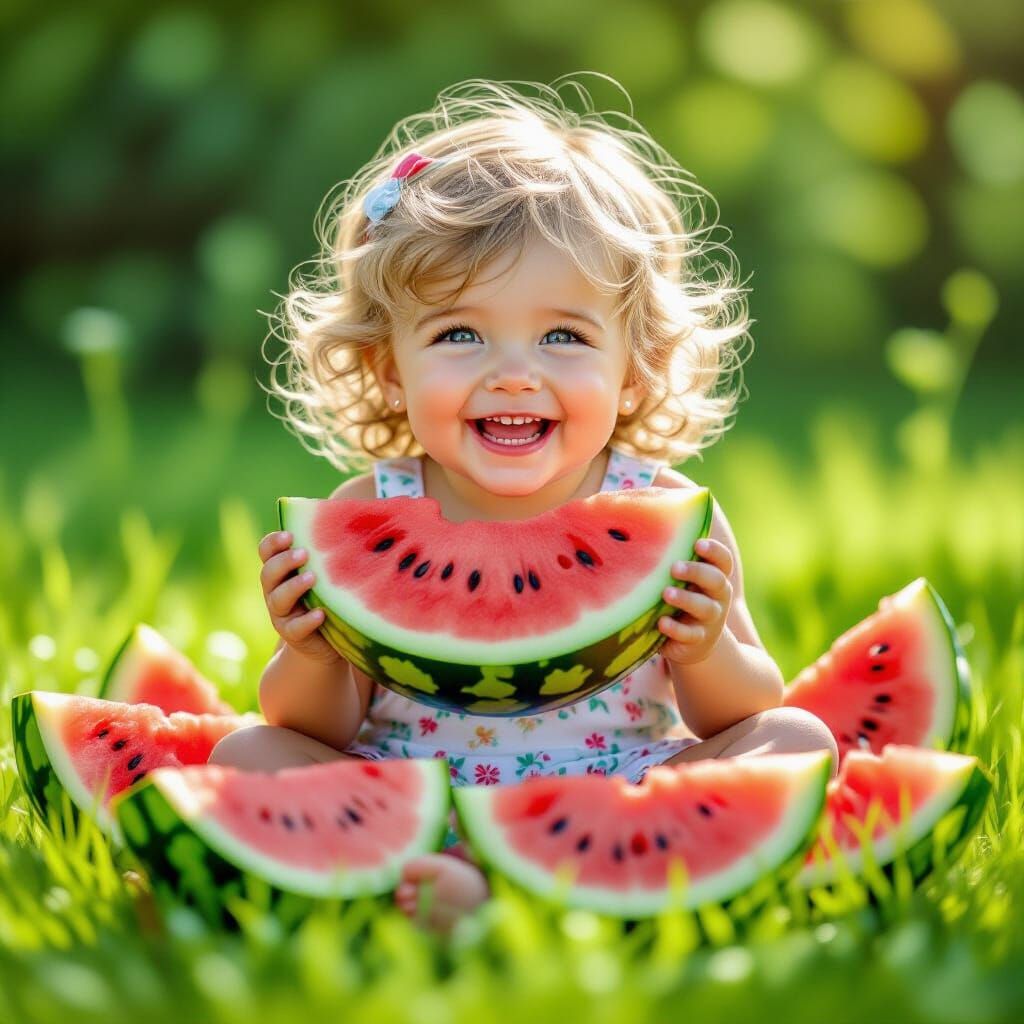 Joyful Toddler Eats Watermelon on Grassy Lawn