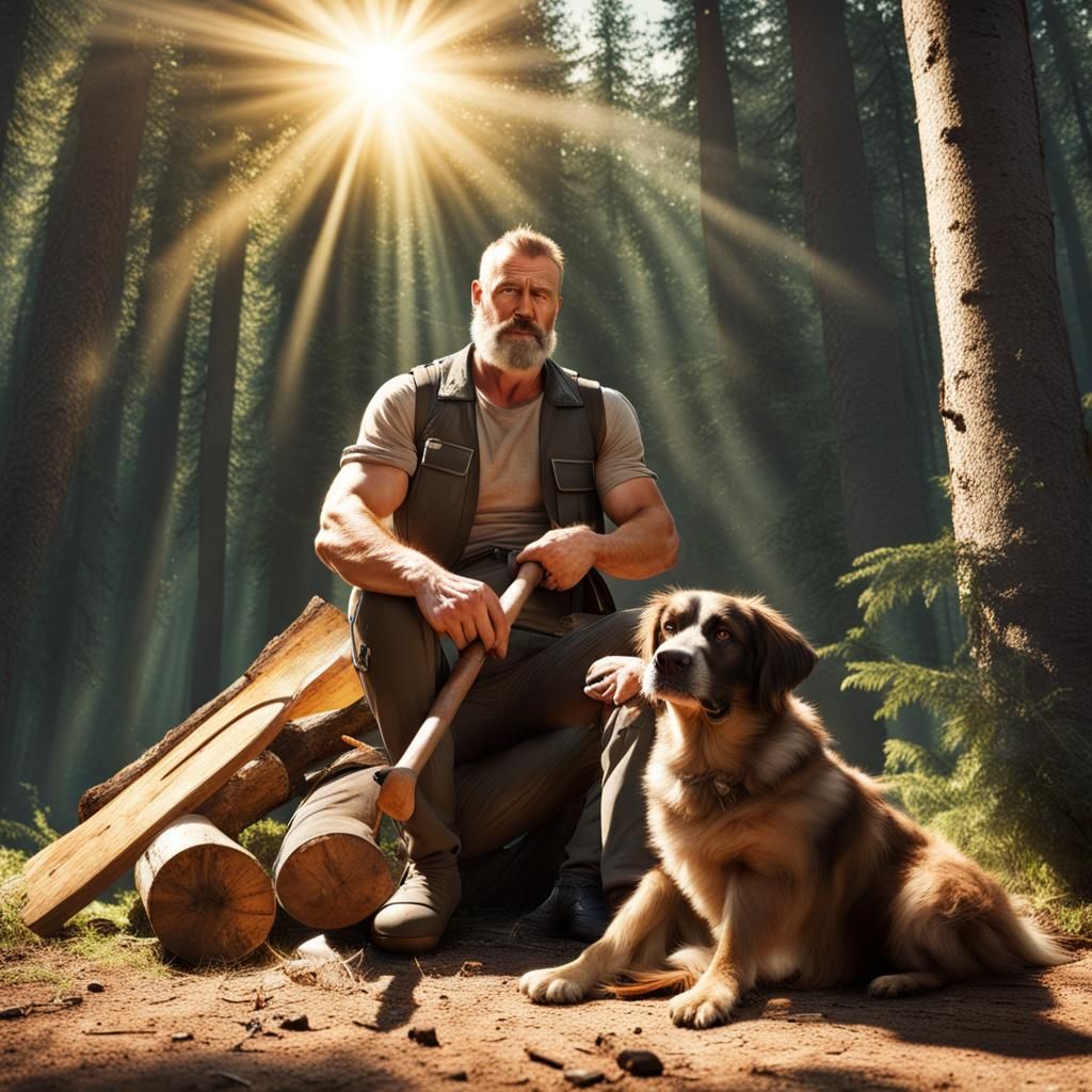 Woodcutter with Axe in Forest Sunlight