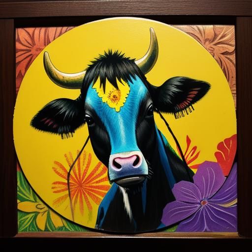 Kaleidoscopic Cow: A Hyperrealistic Woodcut with Gauguin Flo...