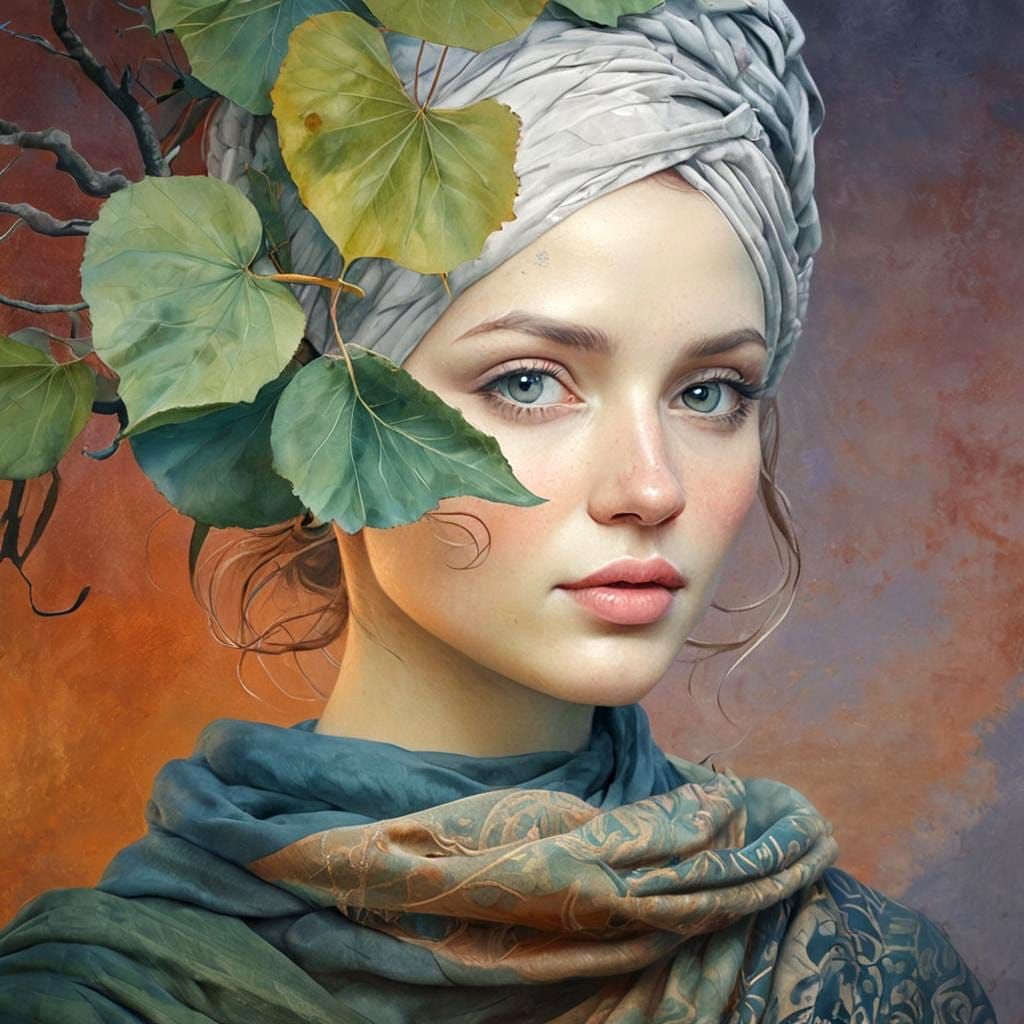 Tree and Woman in Art Nouveau Oil Painting