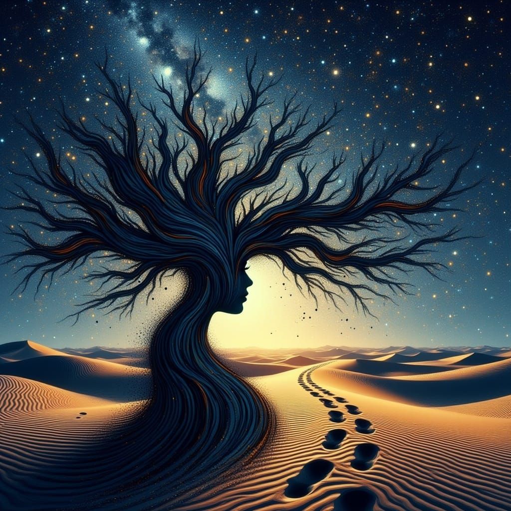 Ebony Tree Silhouetted Against Celestial Desert Landscape