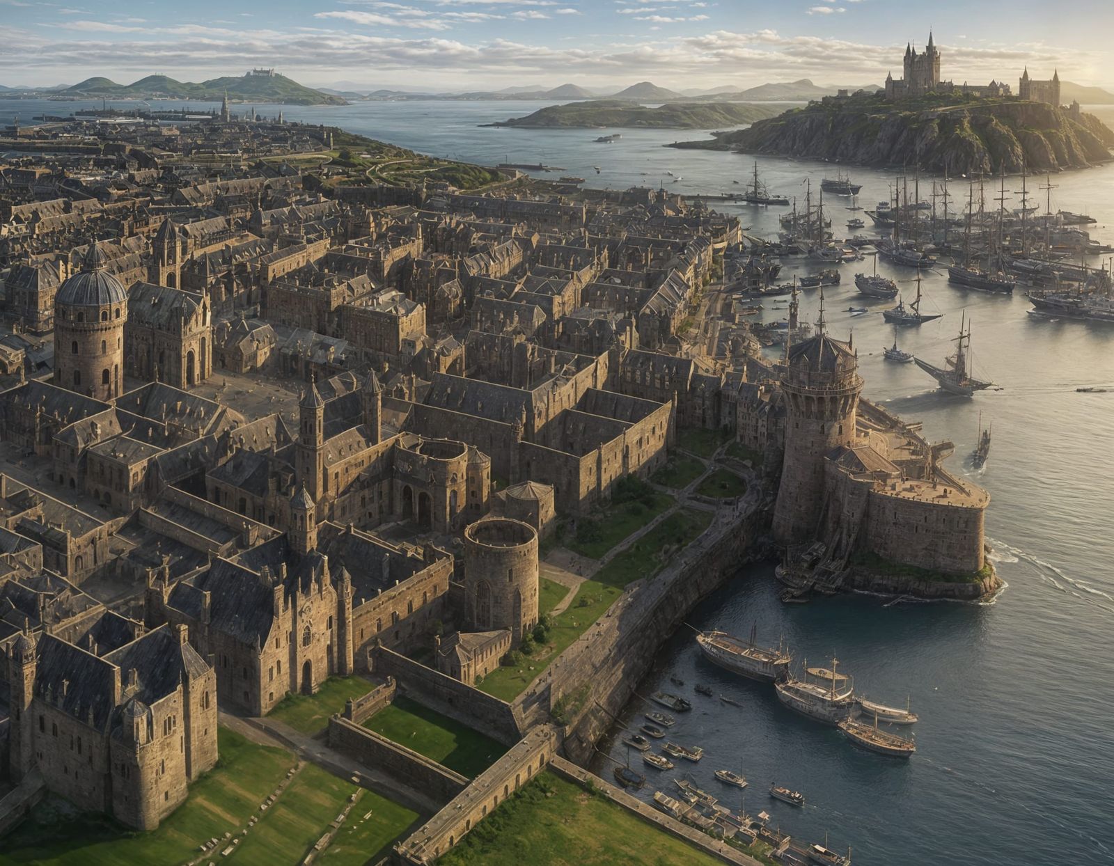 Medieval Fantasy City by Bay in Scotland Style