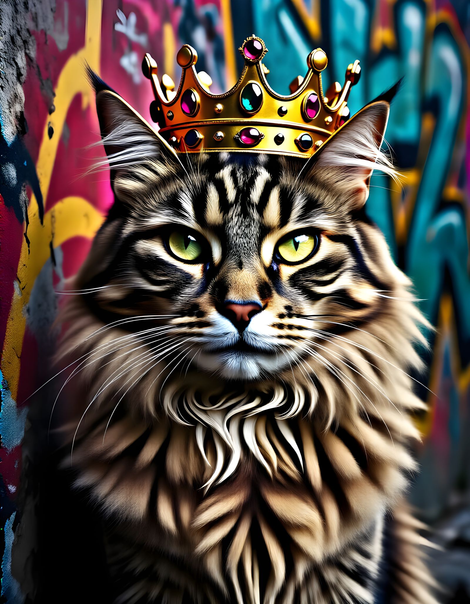 Majestic Cat King Portrait in Urban Graffiti Style