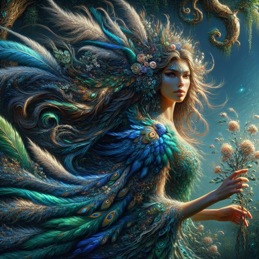 Hyperreal Portrait of a Royal Woman as an Exotic Bird in Par...