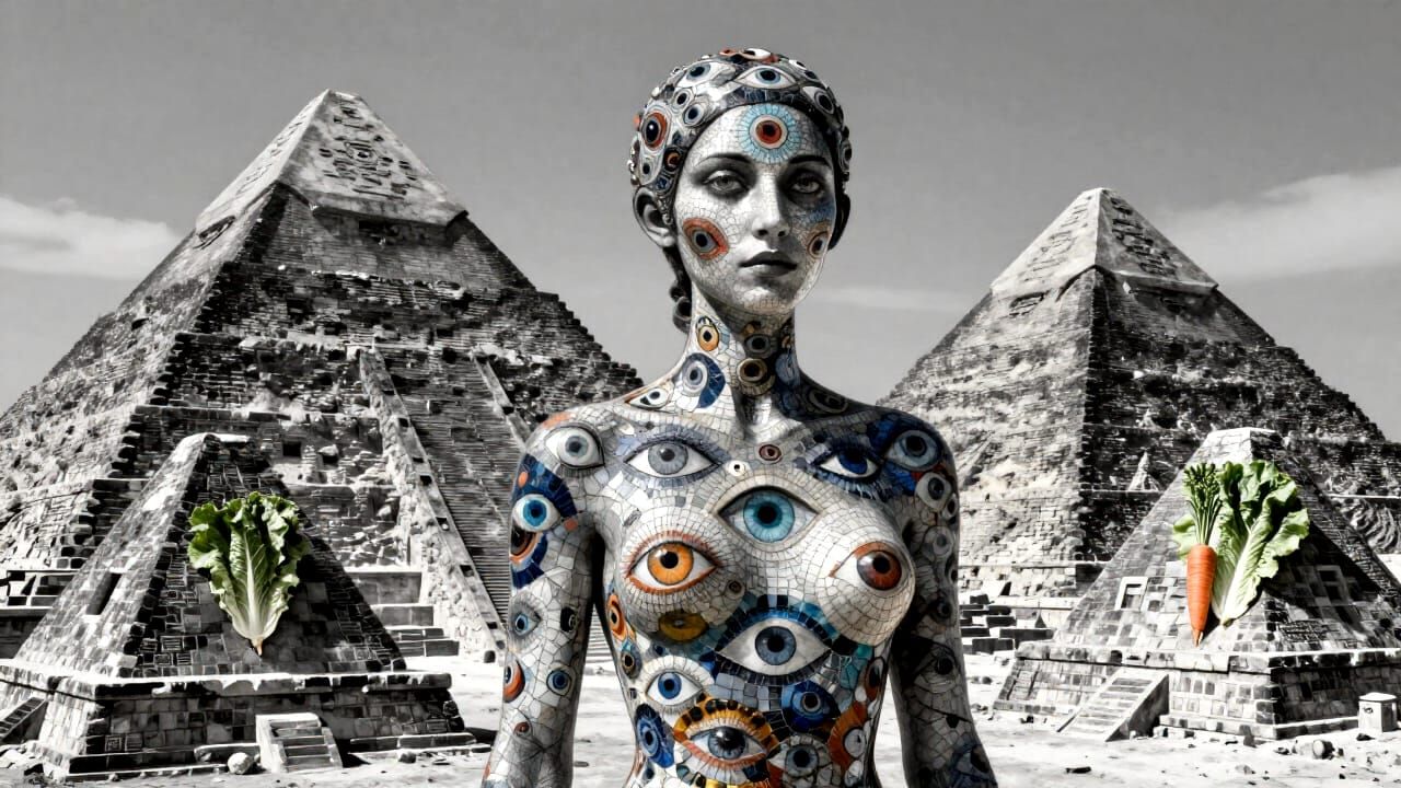 Mosaic Eye Guard Before Ancient Pyramids