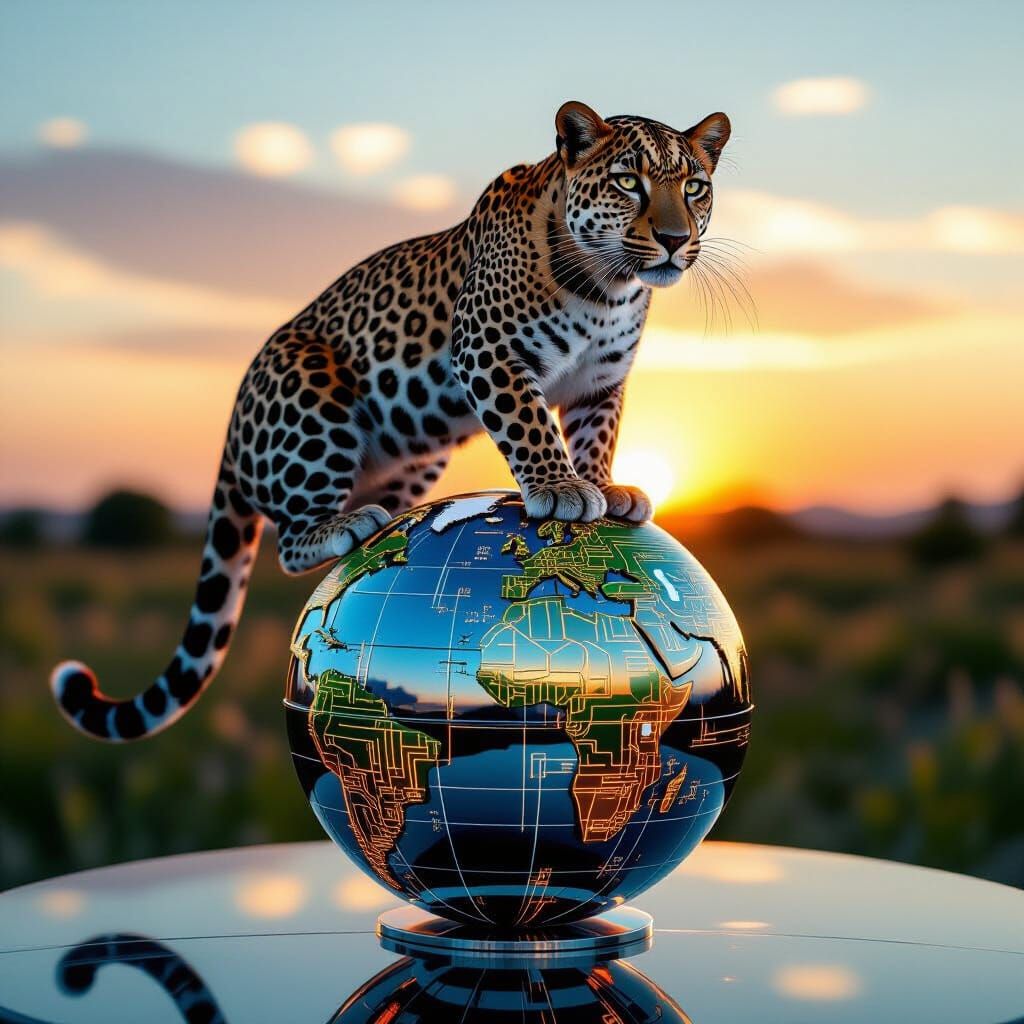 Cybernetic Leopard on Futuristic Globe in Sunset