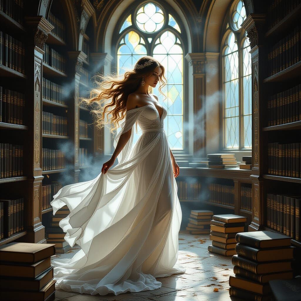Spectral Woman in Ancient Library, Moonlight Glow