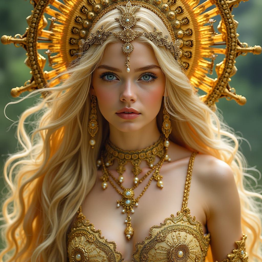 Golden Sun Goddess in Art Nouveau Style