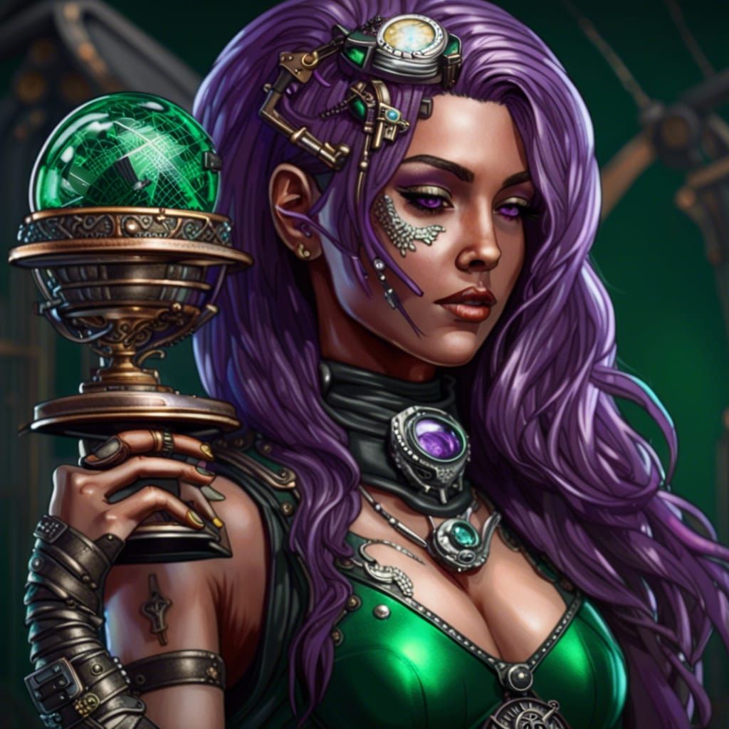 Steampunk Cyberpunk Emerald Trophy with Purple-Haired Woman