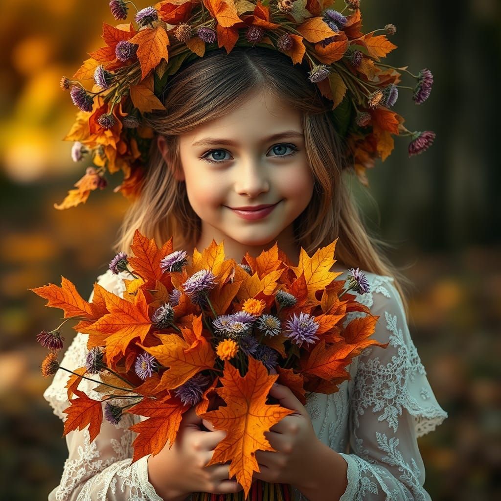 Girl with Autumn Wreath in Dreamy Portrait
