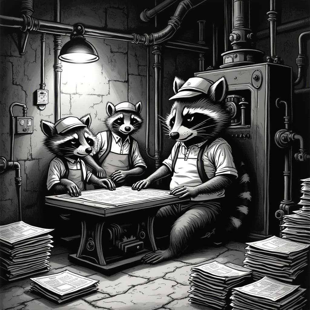 Raccoons in Noir Style Operate Vintage Printing Press in Und...