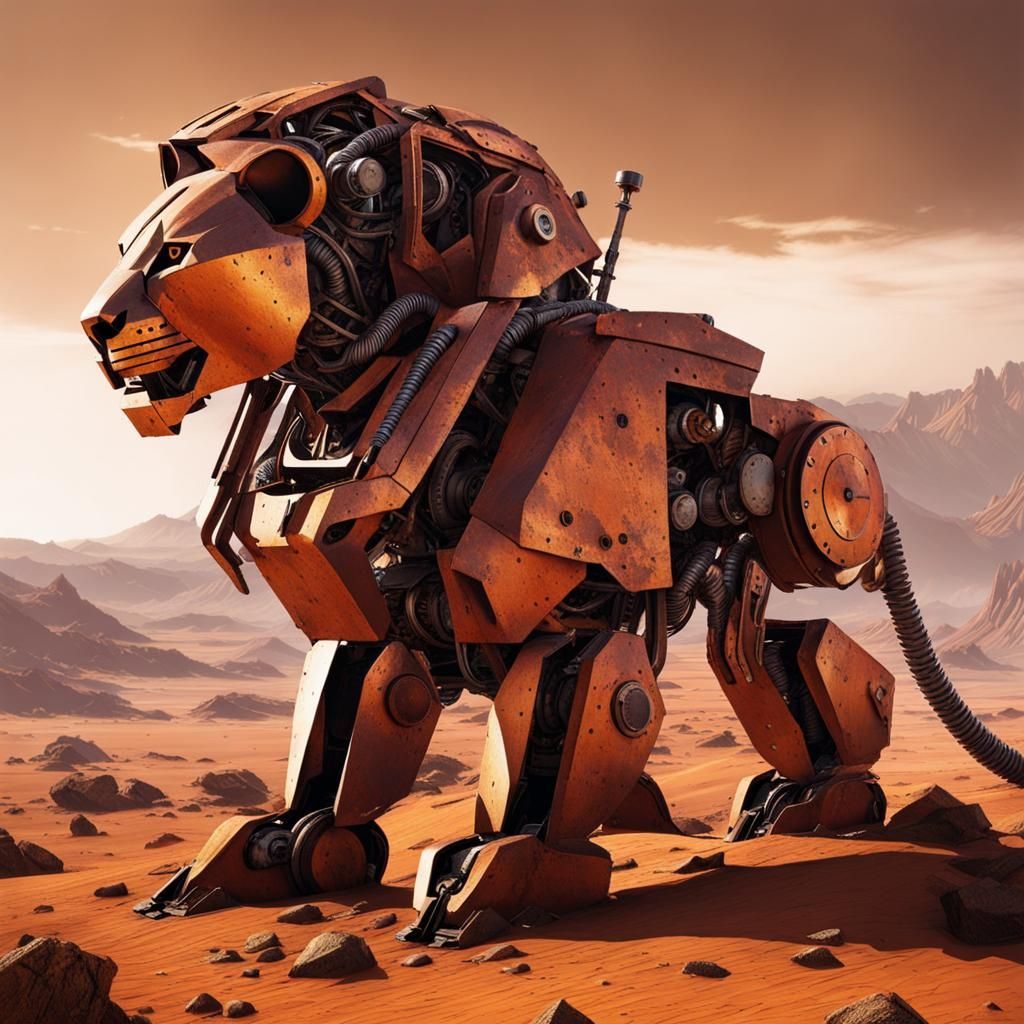 Rusted Robot Lion Crash on Desolate Planet