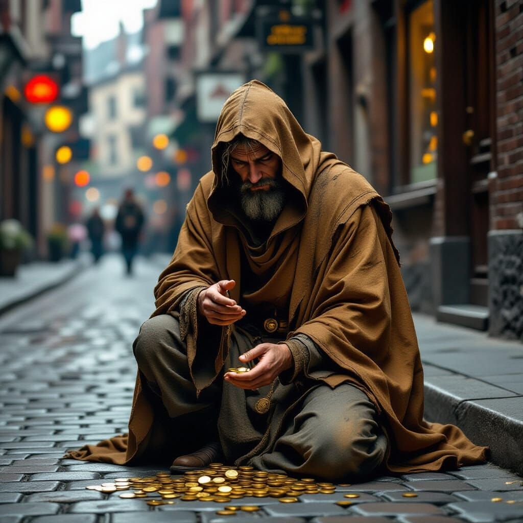 Golden Beggar in Rembrandt Lighting and Baroque Style