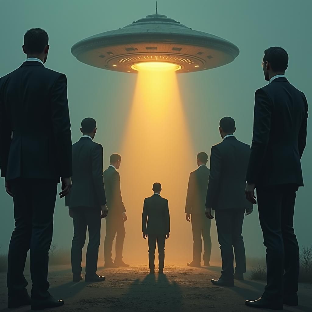Menacing Figures Witnessing UFO Descent: Sci-Fi Concept Art