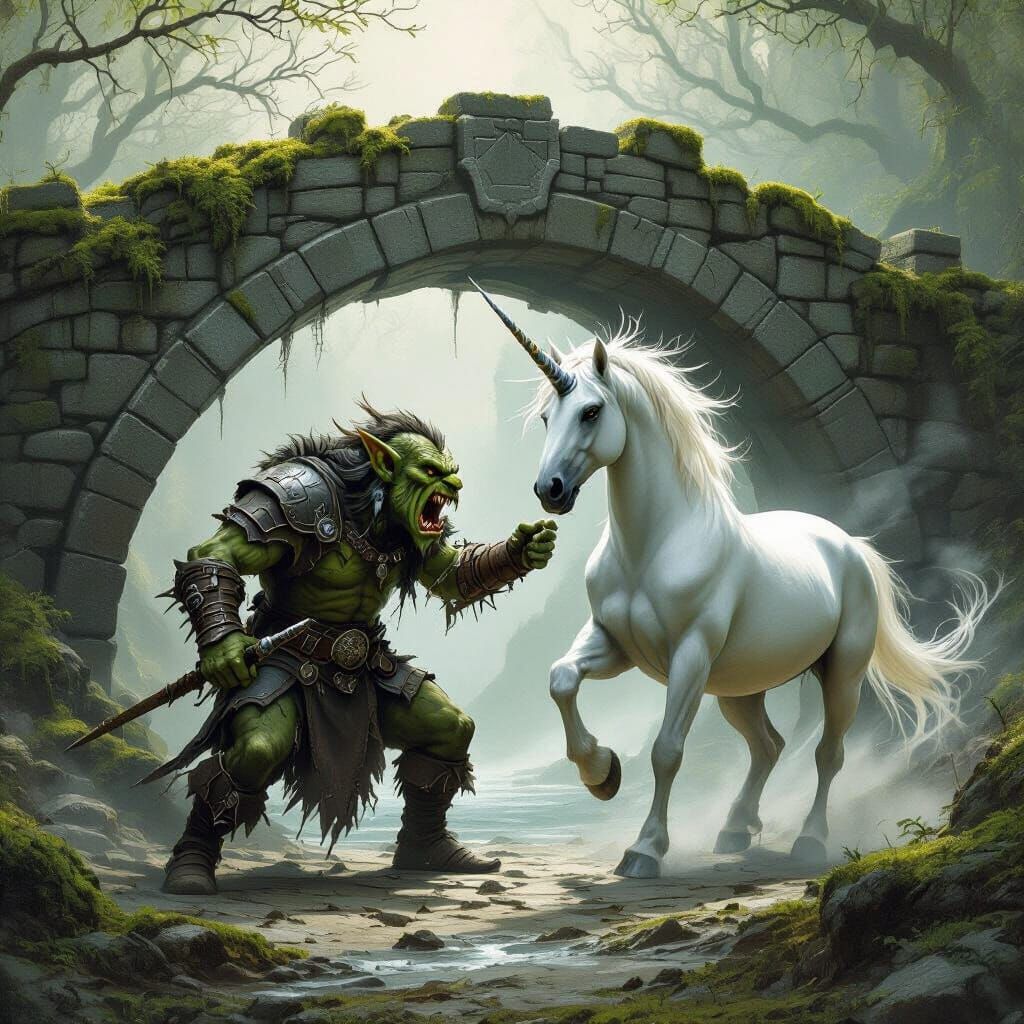 Goblin Warrior Fights Majestic Unicorn in Epic Fantasy Art