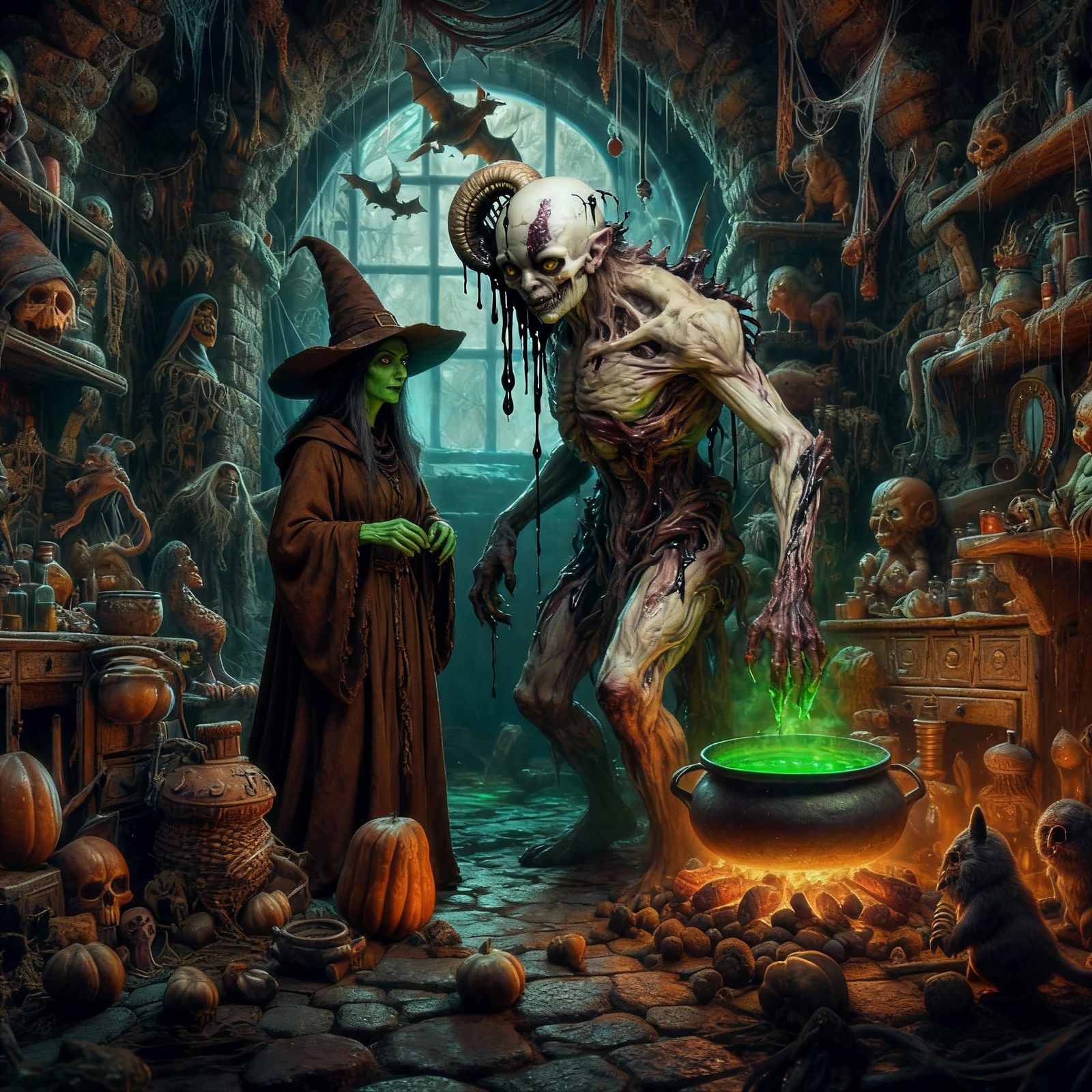 Witch Summons Undead Golem in Dark Fantasy Art
