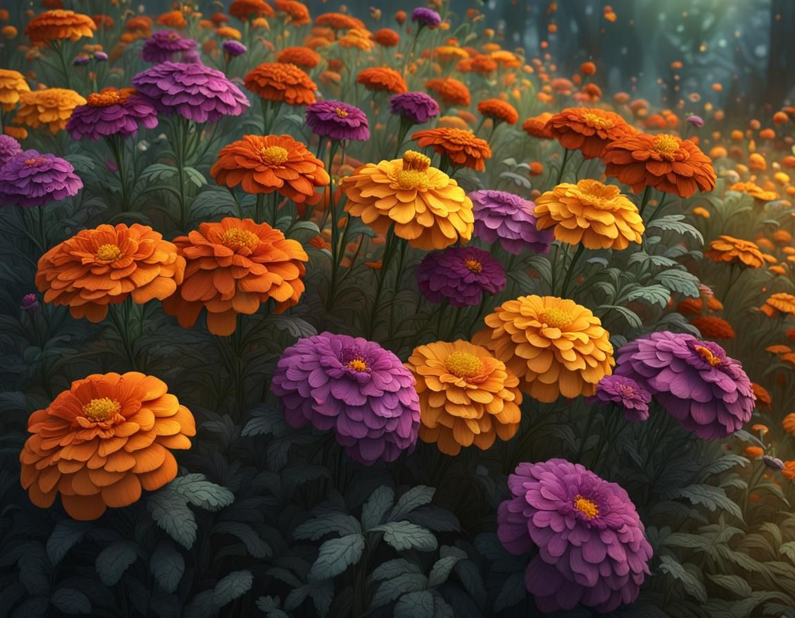 Marigold Garden with Dew in Detailed Matte Painting