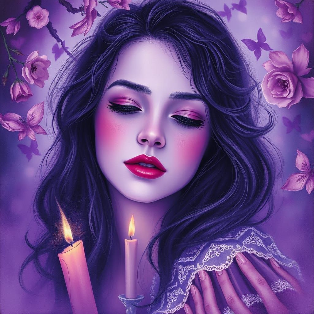 Ethereal Fantasy Portrait in Vibrant Violet, Charcoal Drawin...