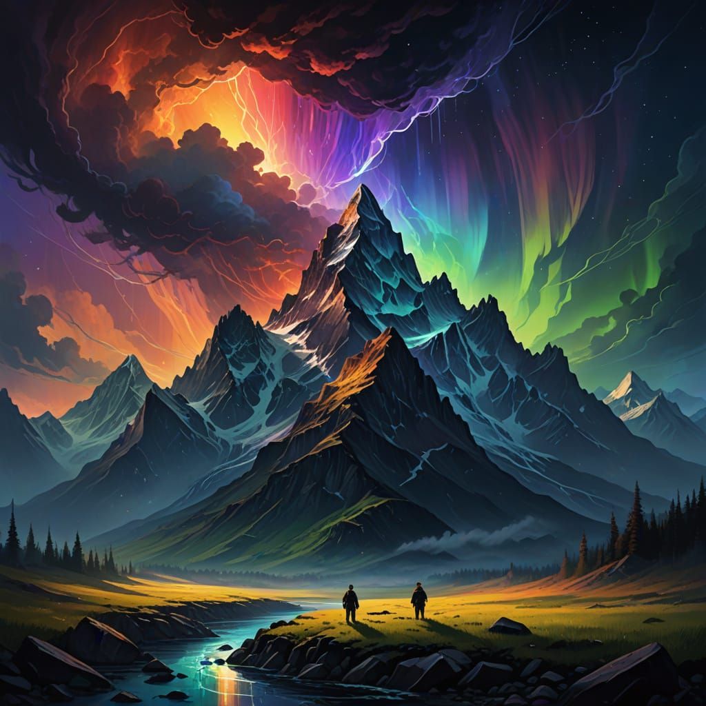 Majestic Mountains Under Ethereal Dark Rainbow Sky