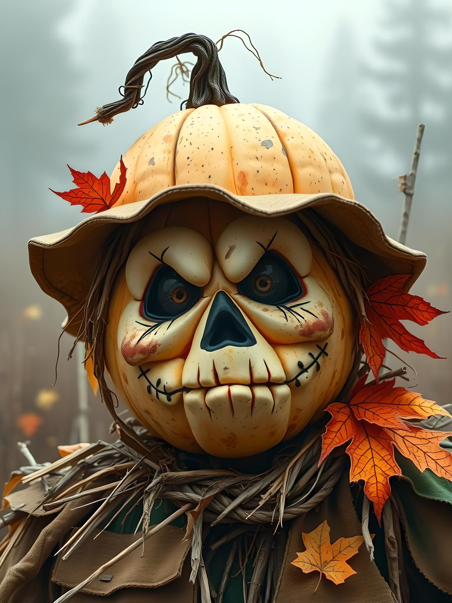 Adorable Grim Gourd Scarecrow in Autumn Mist