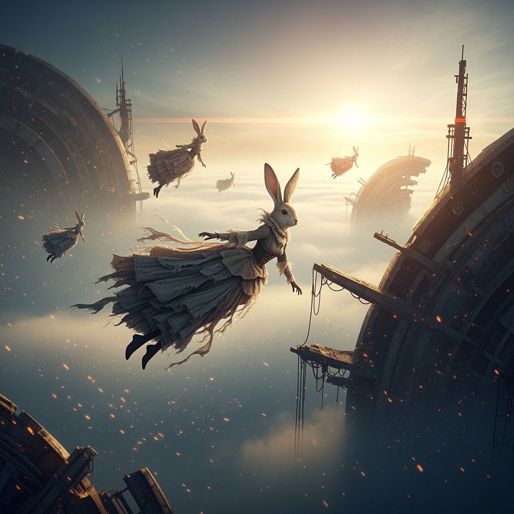 Dreamlike Flying Bunny Women in Retro-Futuristic Sky