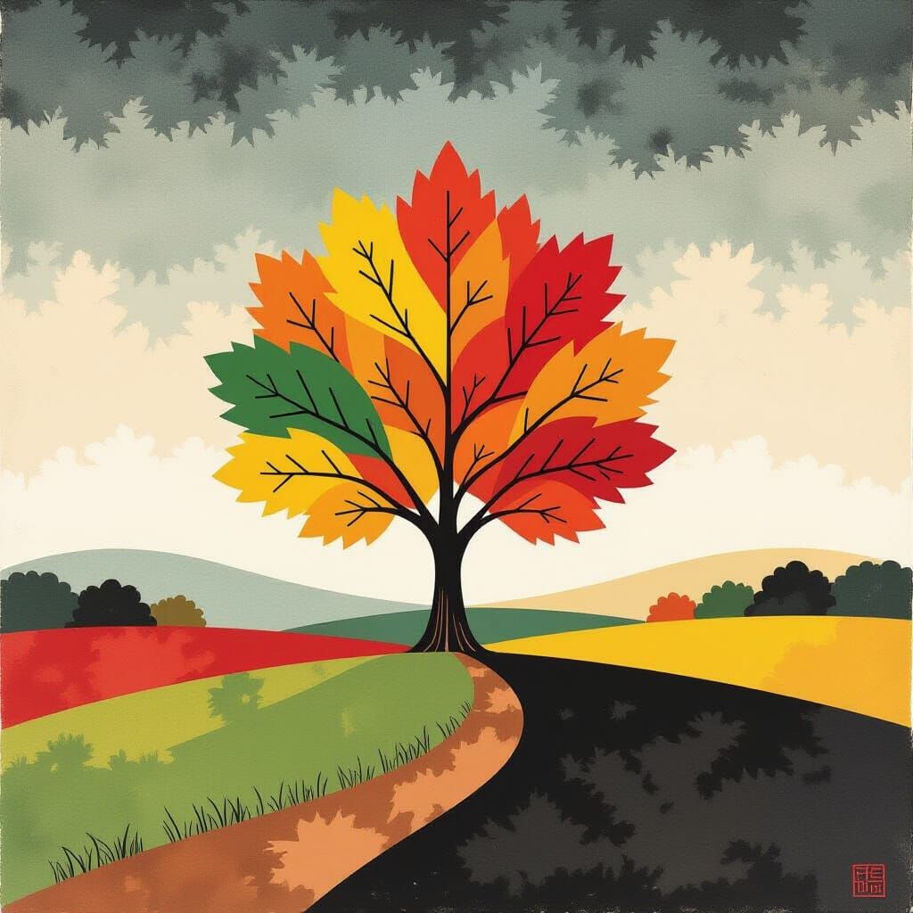 Cartoon Maple Tree on Black Cloth, European Ink Painting Sty...