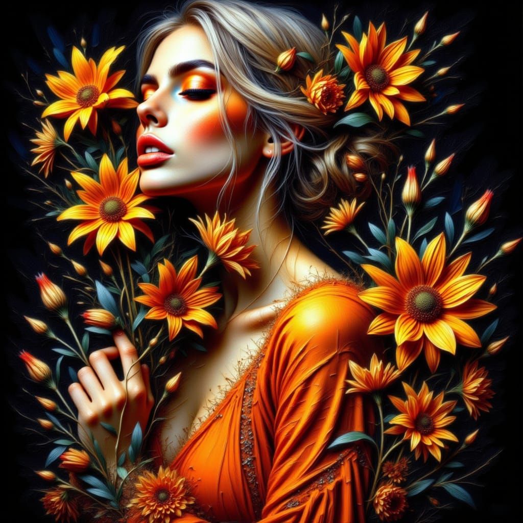 Beautiful Woman in Watercolor and Acrylic with Physalis