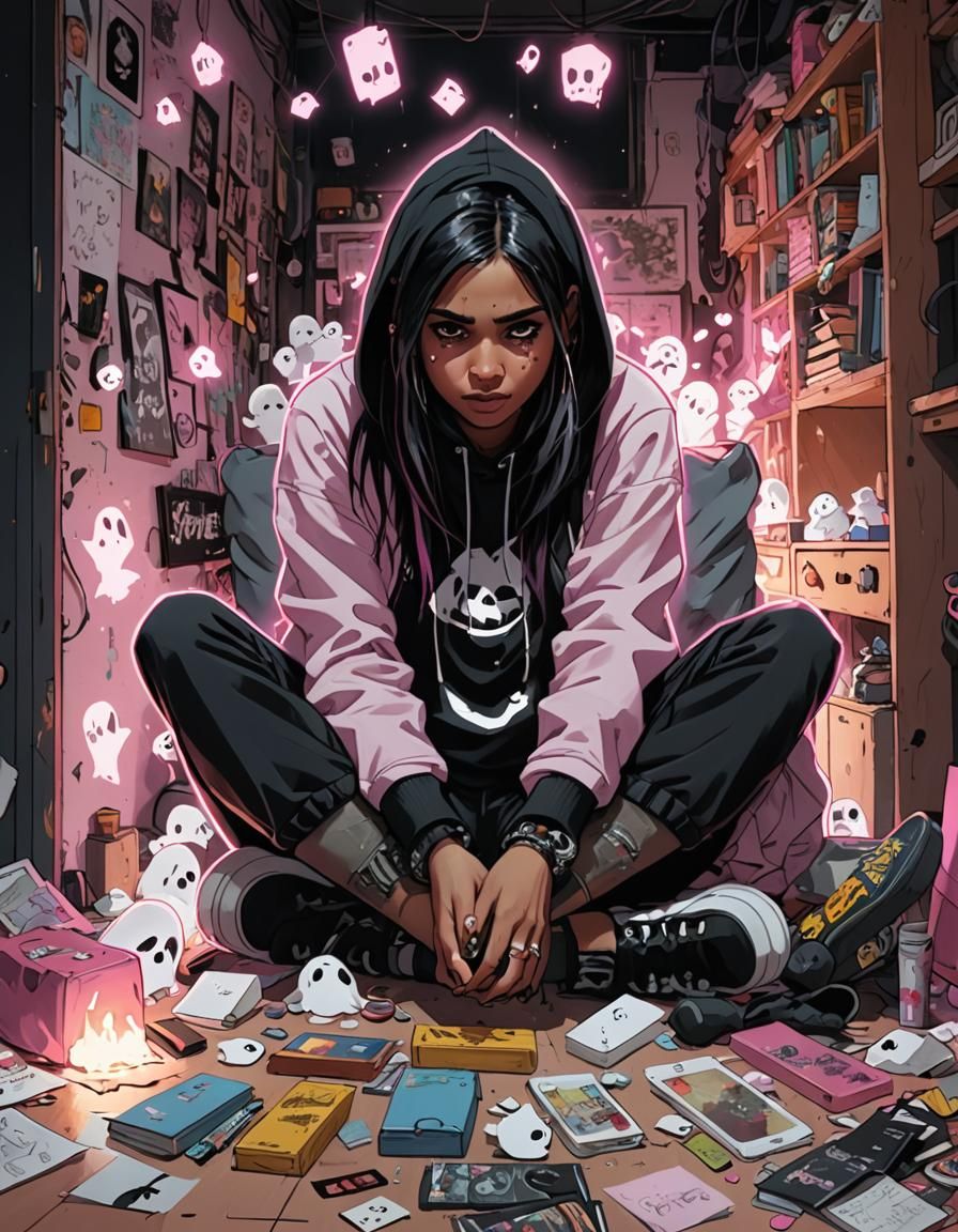 Emo-Punk Woman in Cluttered Room with Ghosts