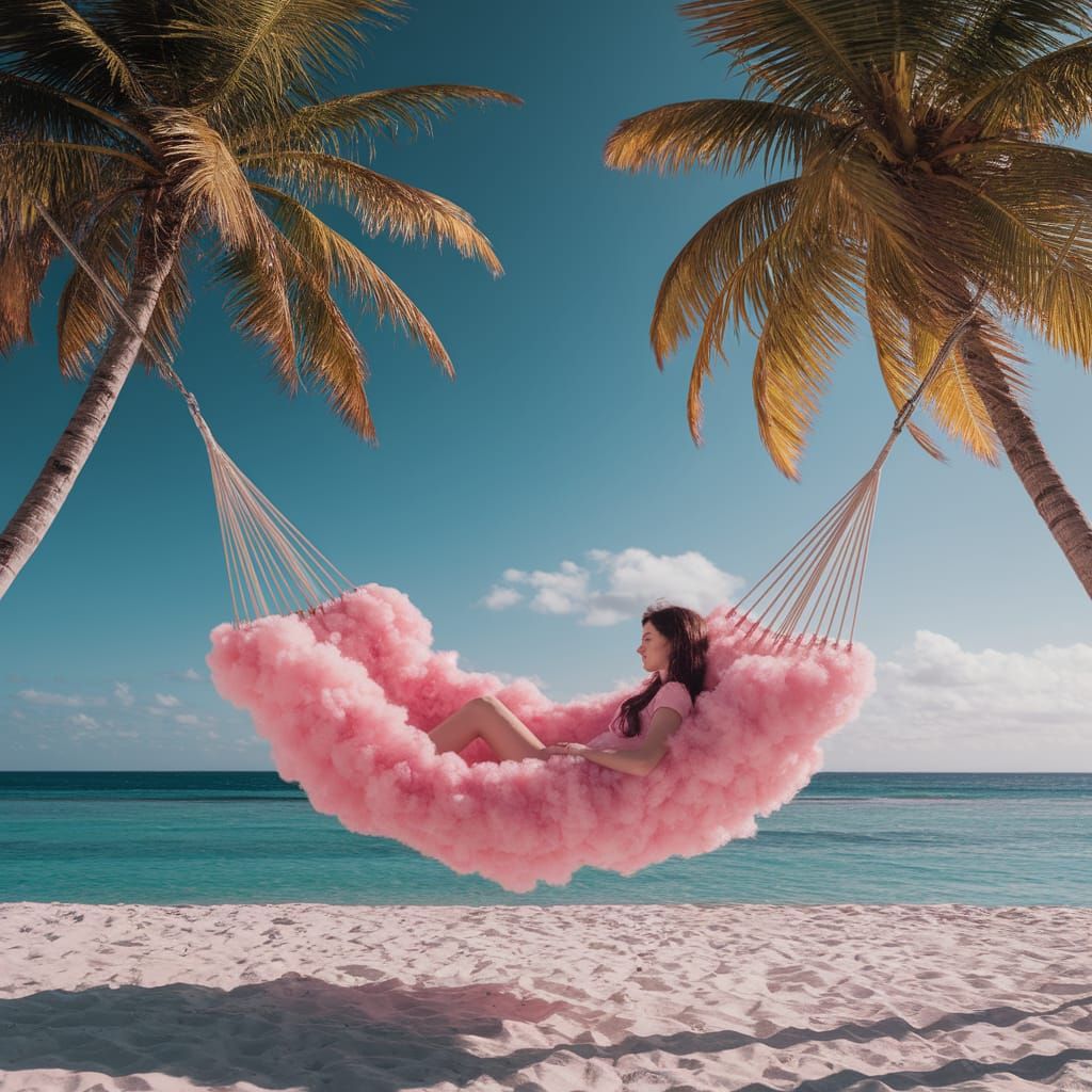 Girl Relaxing in Cloud Hammock Over Ocean