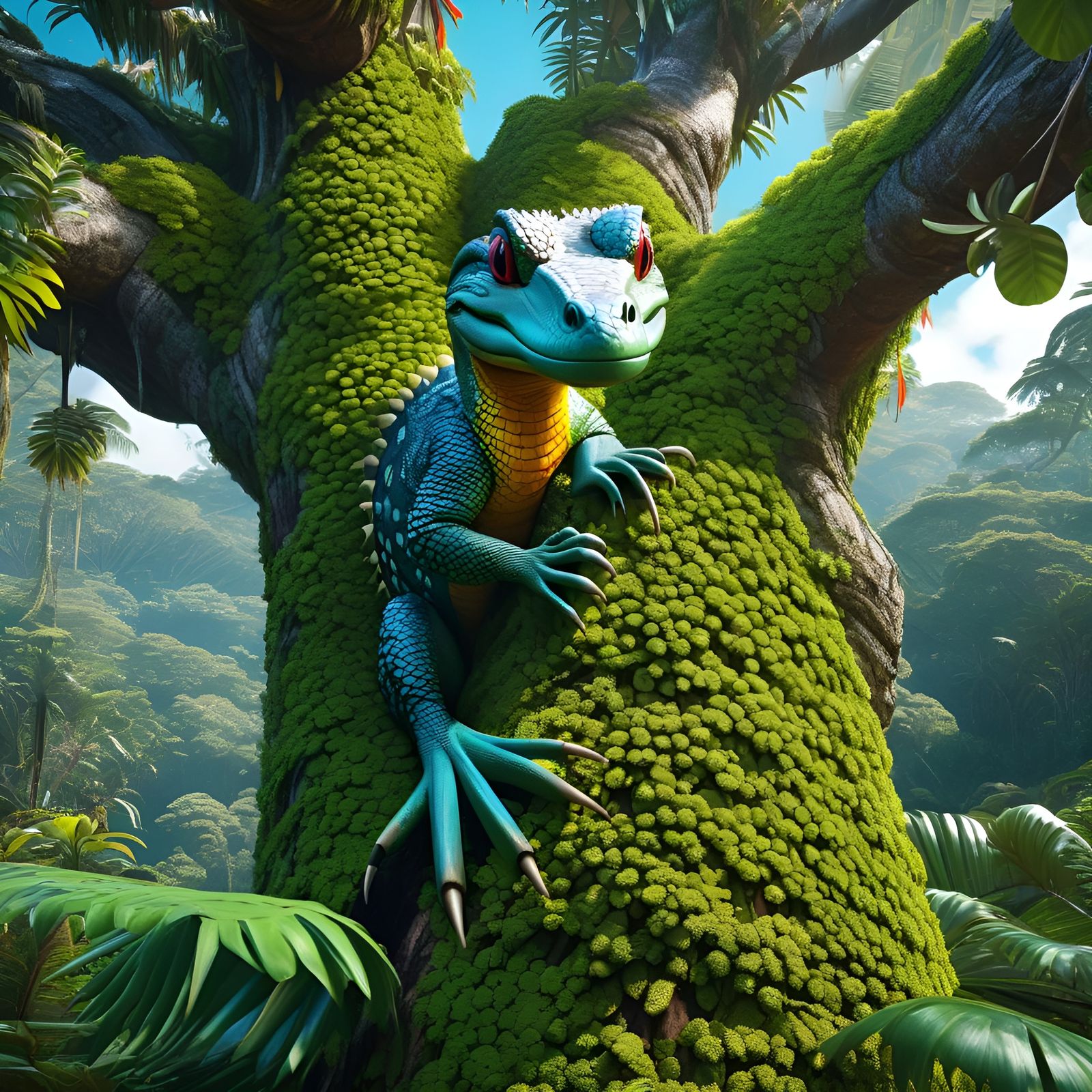 Colorful Goannas Decorating Gum Tree in Rainforest