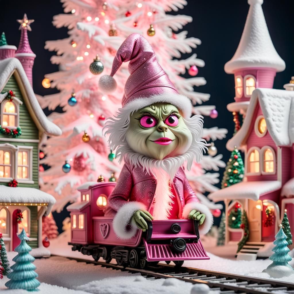 ("a pink Grinch with big evil eyes and Astonished look"
"an ...