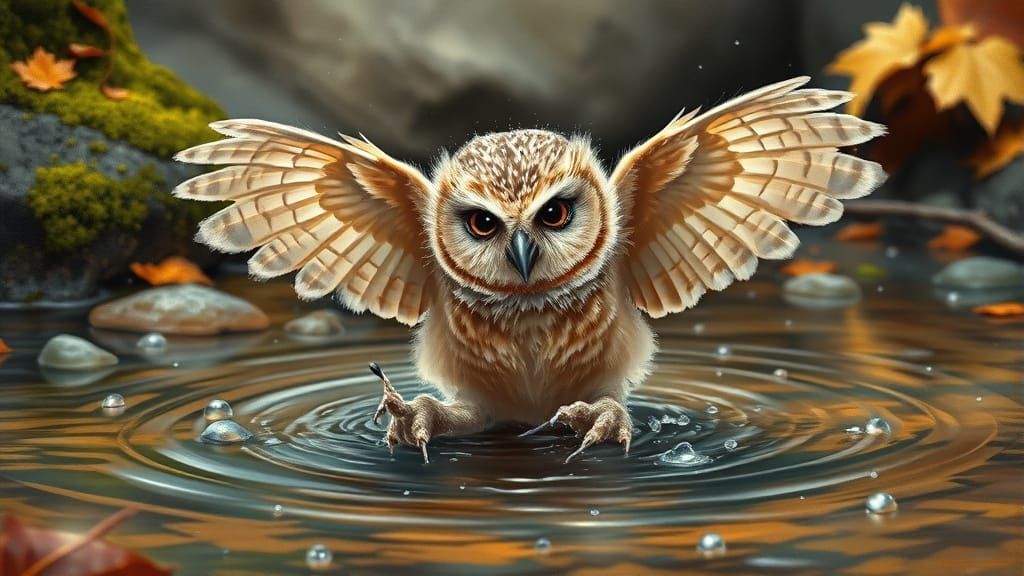 Fluffy Owlet's Magical Splash: Vintage Oil Painting
