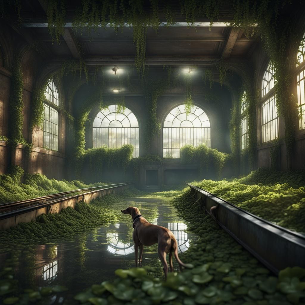 Abandoned Train Station with Greyhounds, Detailed Matte Pain...