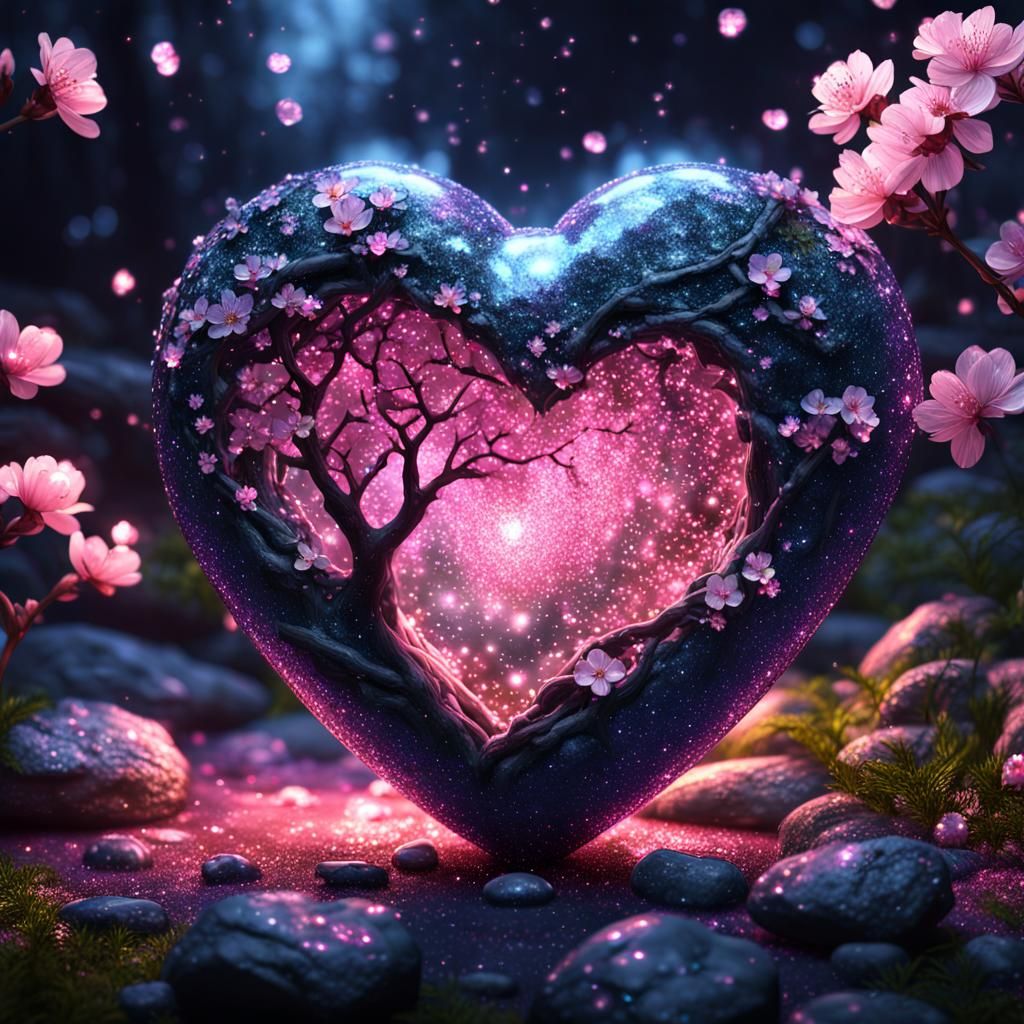 Crystalline Heart with Cherry Blossom and Fireflies