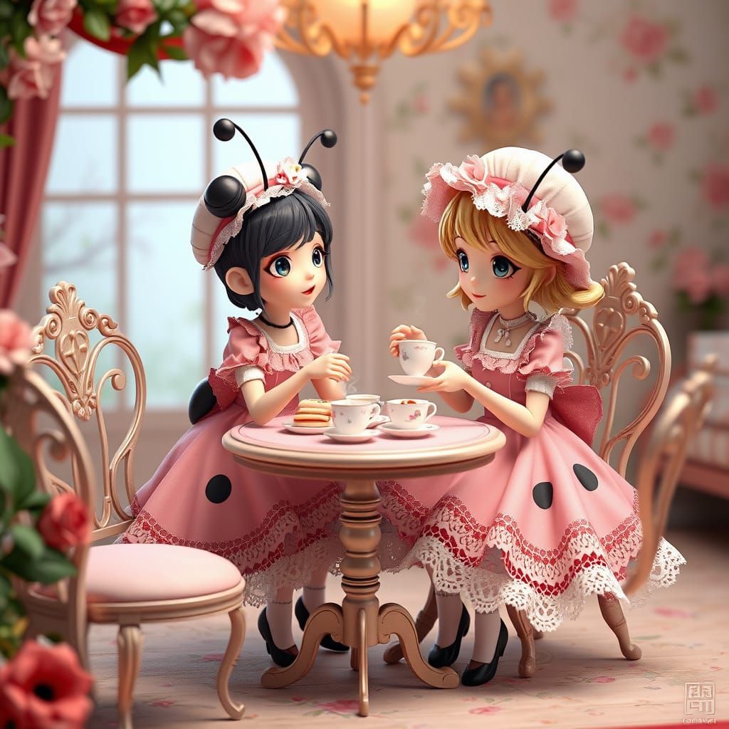 Whimsical Ladybug at a Tea Party in 3D Anime Style