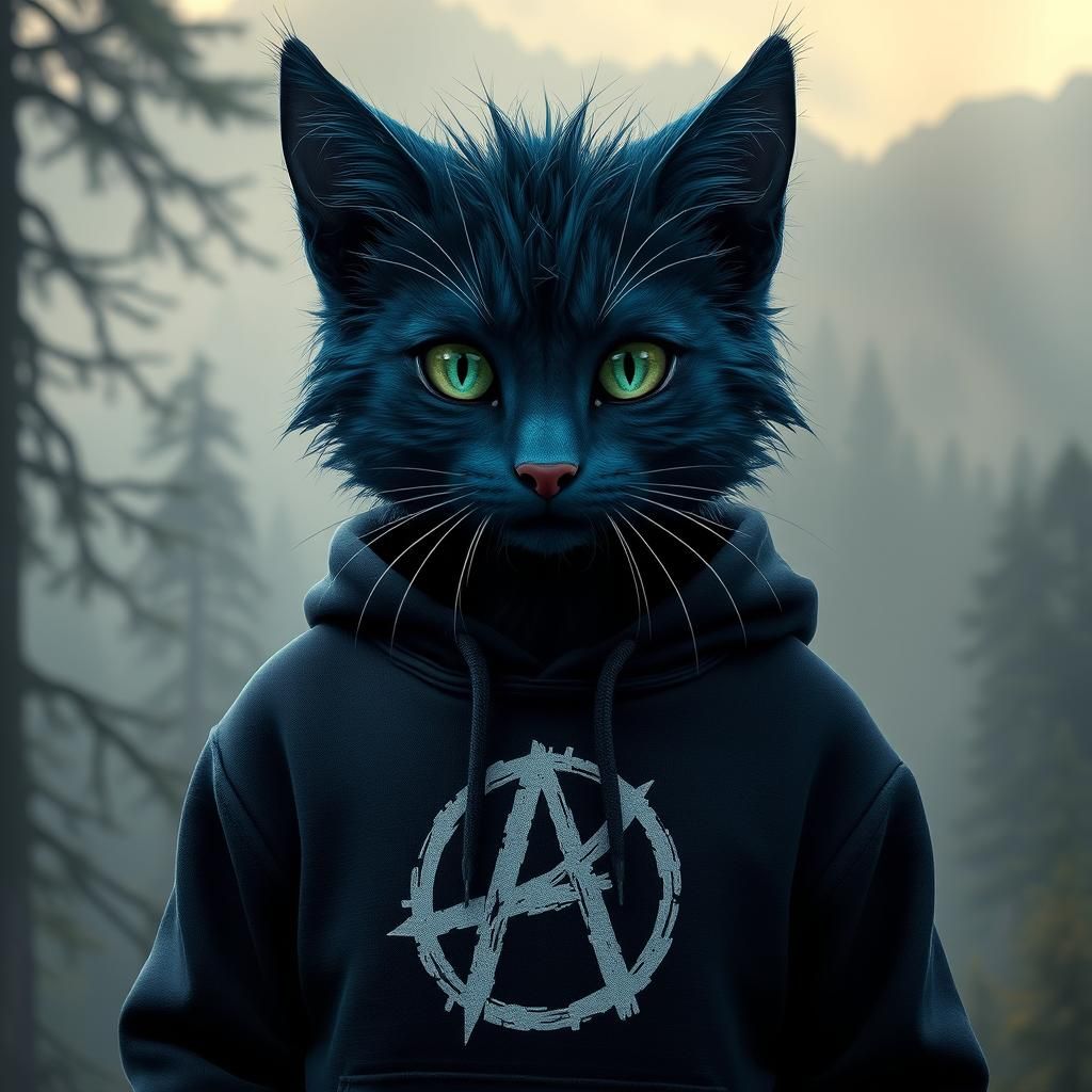 Humanoid Russian Blue Cat in Misty Landscape