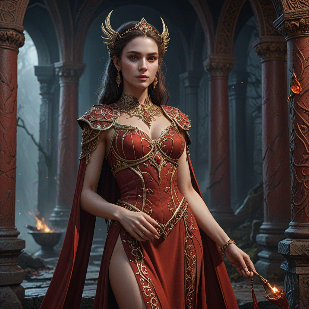 Ethereal Priestess in Red Regalia, Dark Fantasy Art