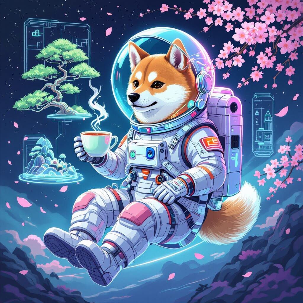 Shiba Inu Astronaut in Cyberpunk Vaporwave Style