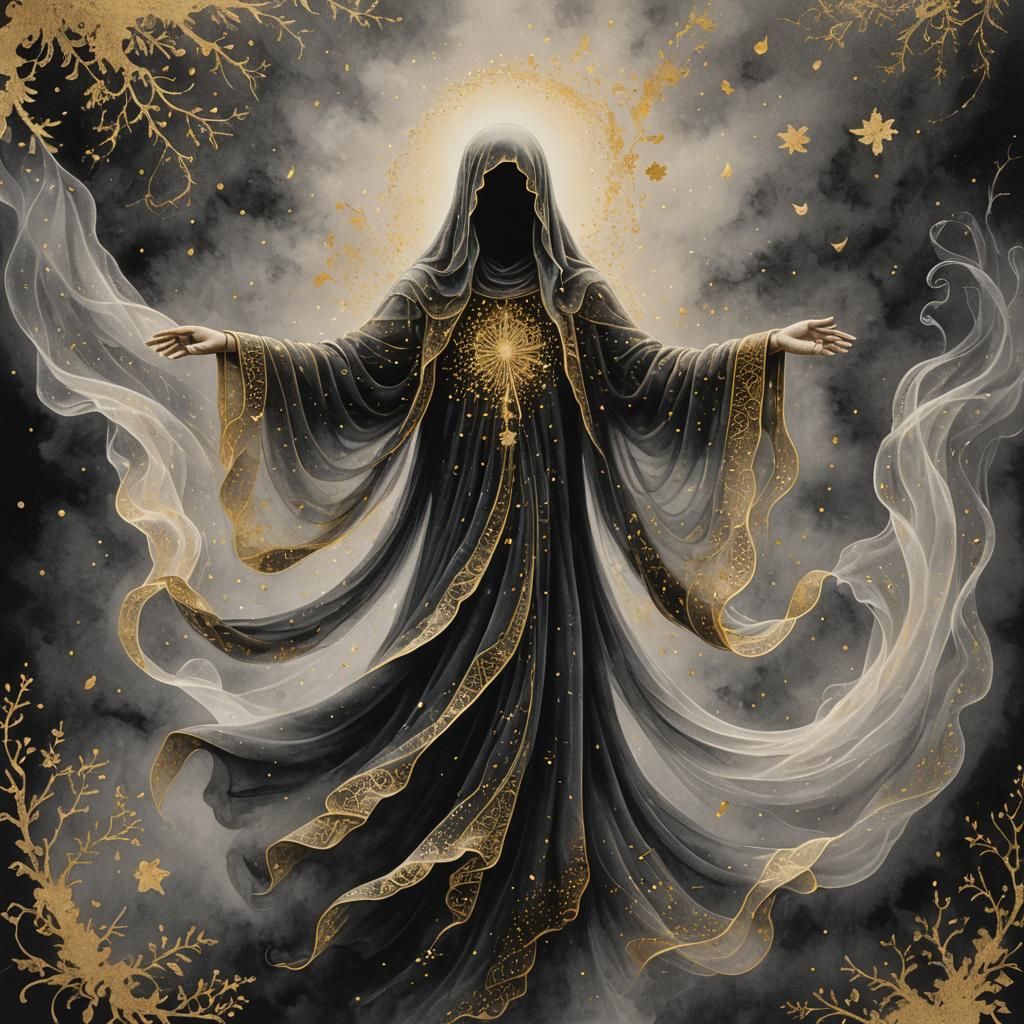 Ethereal Ghost in Pointillism Style with Gold Accents