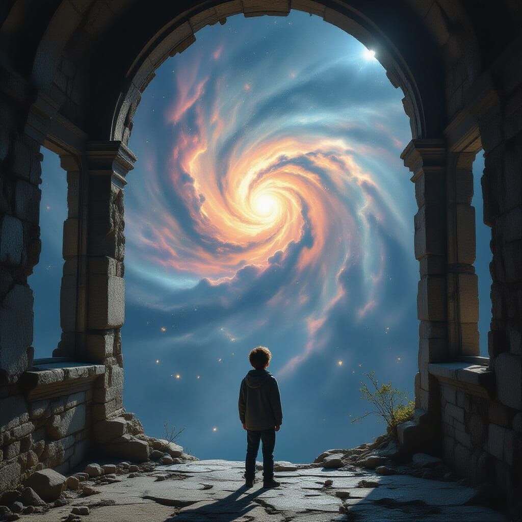 Boy Gazes at Cosmic Nebula from Ancient Observatory