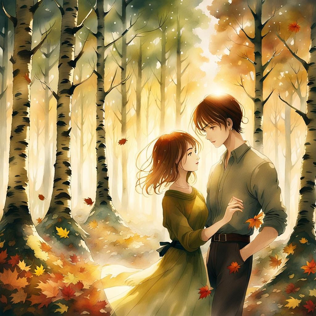Anime Lovers Dancing in Autumn Forest
