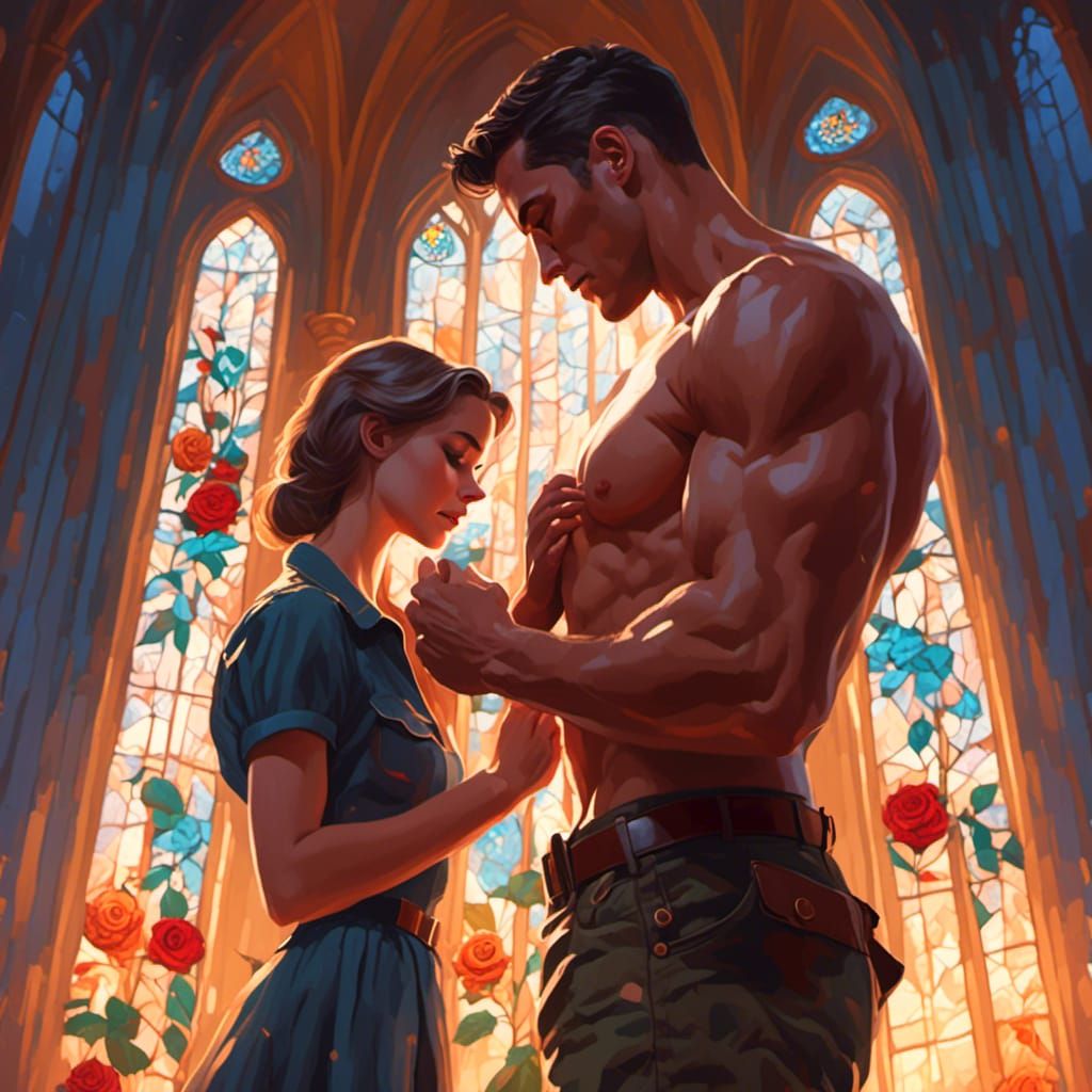 Emotional Reunion of Brothers in Church with Stained Glass