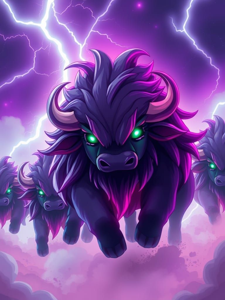 Chibi Buffalo Herd with Fiery Manes in Anime Style