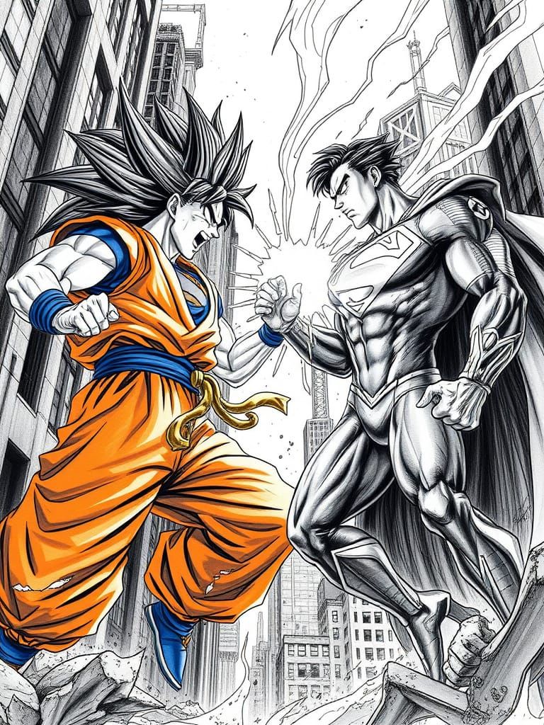 Goku vs Superman: Dark Neofuturistic Pencil Drawing