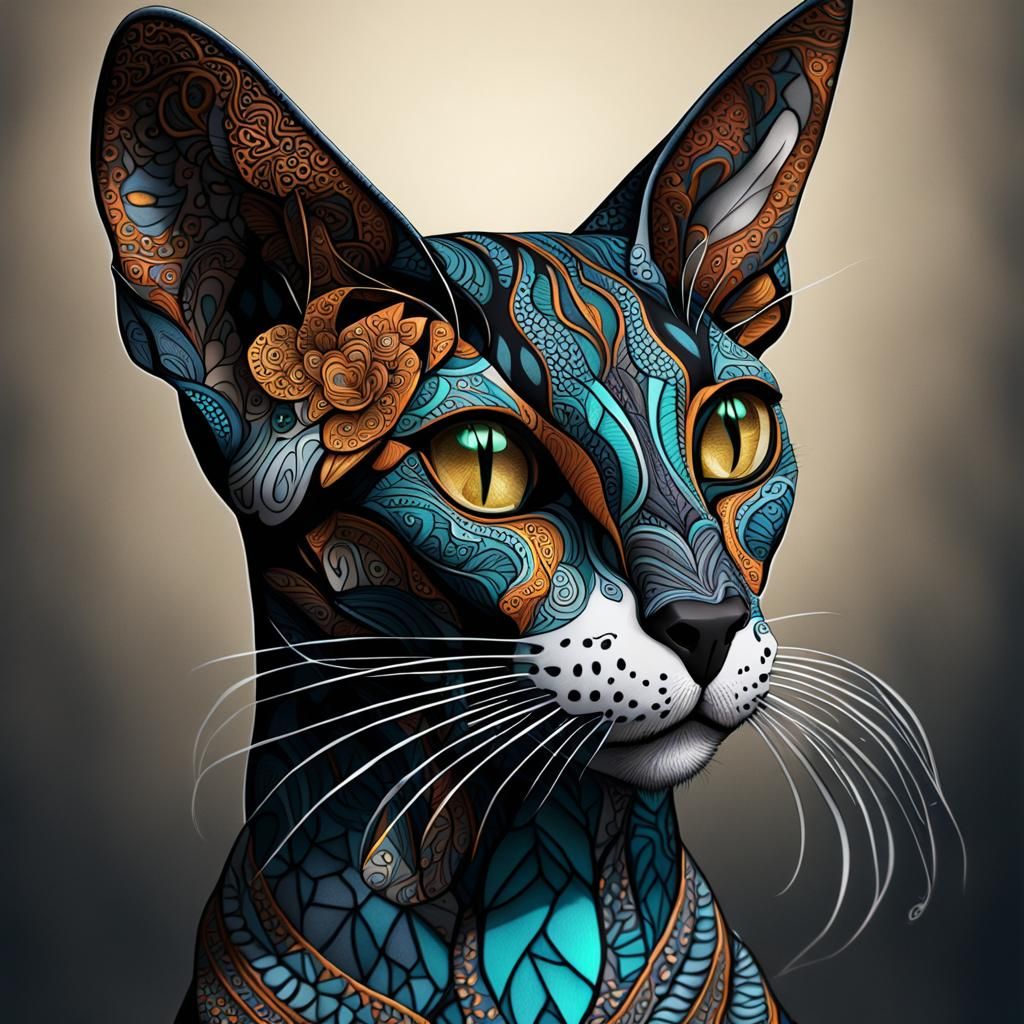 Zentangle Oriental Shorthair Cat Portrait in Detailed Matte ...