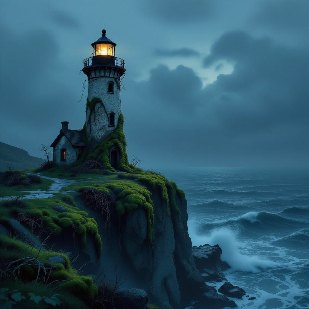 Weathered Lighthouse on Crumbling Cliff in Dark Fantasy Styl...