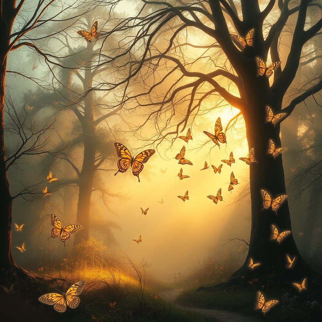 Ethereal Forest Butterflies in Golden Hour Light